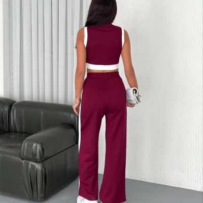 Osy Modal Yumuşak Dokulu Kumaş Tam Fermuarlı Crop Pantalon İkili Takım - Bordo -