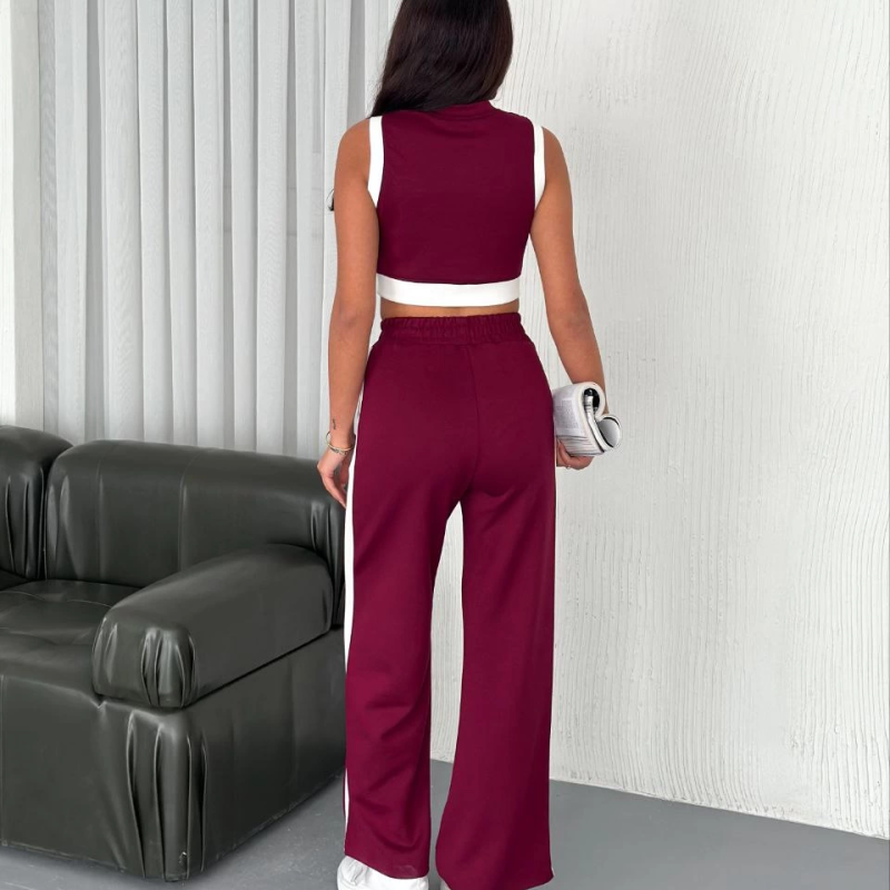 Osy Modal Yumuşak Dokulu Kumaş Tam Fermuarlı Crop Pantalon İkili Takım - Bordo -