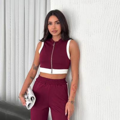 Osy Modal Yumuşak Dokulu Kumaş Tam Fermuarlı Crop Pantalon İkili Takım - Bordo -