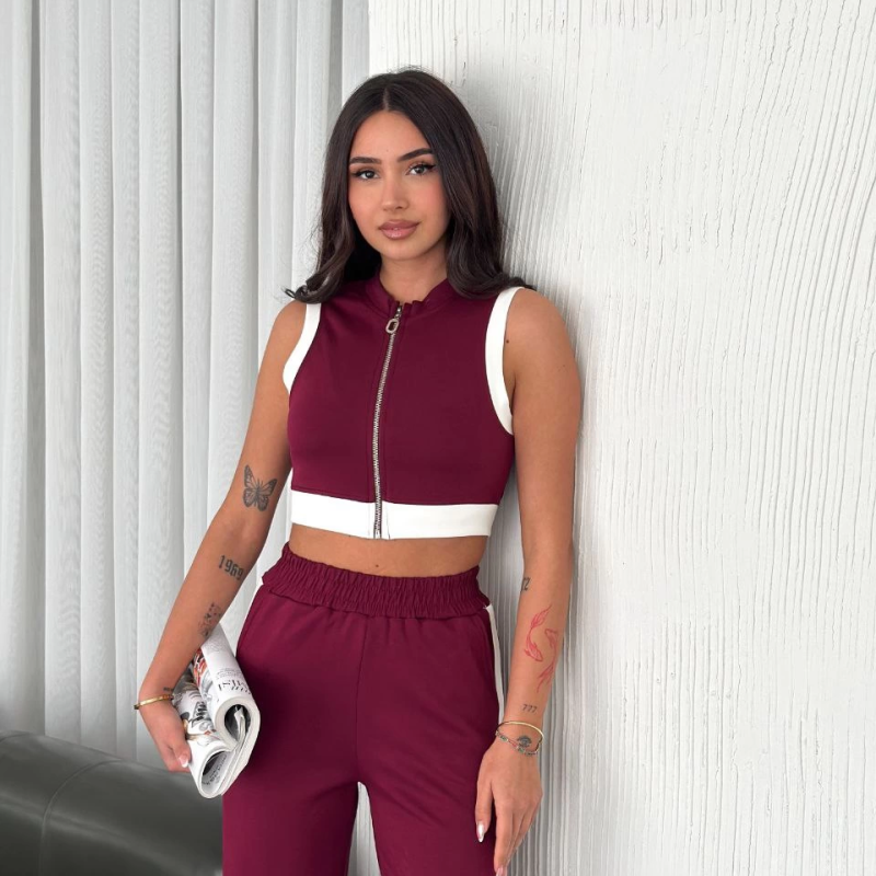 Osy Modal Yumuşak Dokulu Kumaş Tam Fermuarlı Crop Pantalon İkili Takım - Bordo -