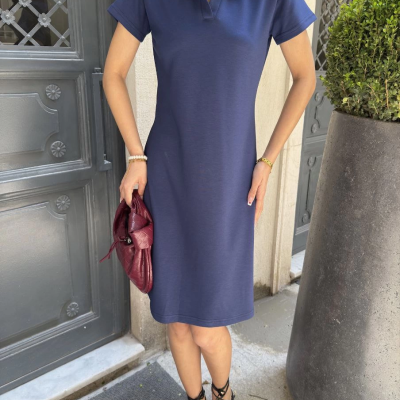 Osy Modal Yumuşak Dokulu Kumaş Yakalı Kısa Kollu Elbise - Mavi -