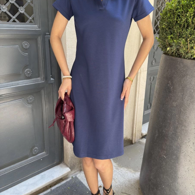 Osy Modal Yumuşak Dokulu Kumaş Yakalı Kısa Kollu Elbise - Mavi -