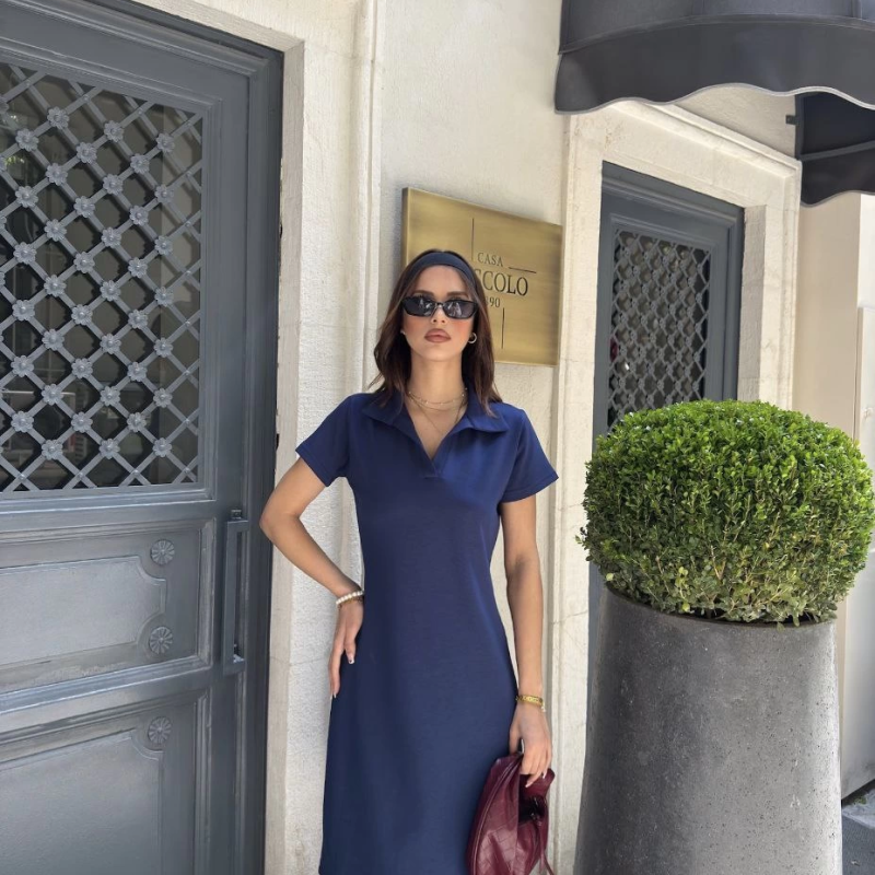 Osy Modal Yumuşak Dokulu Kumaş Yakalı Kısa Kollu Elbise - Mavi -