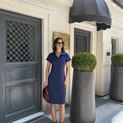 Osy Modal Yumuşak Dokulu Kumaş Yakalı Kısa Kollu Elbise - Mavi -