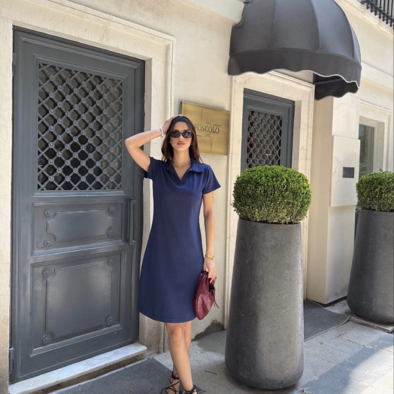 Osy Modal Yumuşak Dokulu Kumaş Yakalı Kısa Kollu Elbise - Mavi -