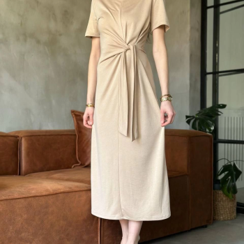 Osy Modal Yumuşak Dokulu Kumaş Yandan Bağlamalı Elbise - Bej -