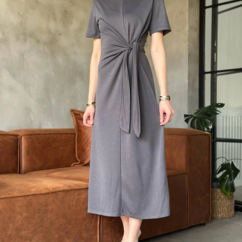 Osy Modal Yumuşak Dokulu Kumaş Yandan Bağlamalı Elbise - Gri -