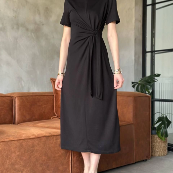 Osy Modal Yumuşak Dokulu Kumaş Yandan Bağlamalı Elbise - Siyah -