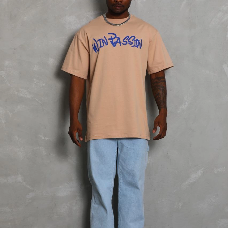 Oversize Baskılı Bisiklet Yaka T-Shirt - Bej -