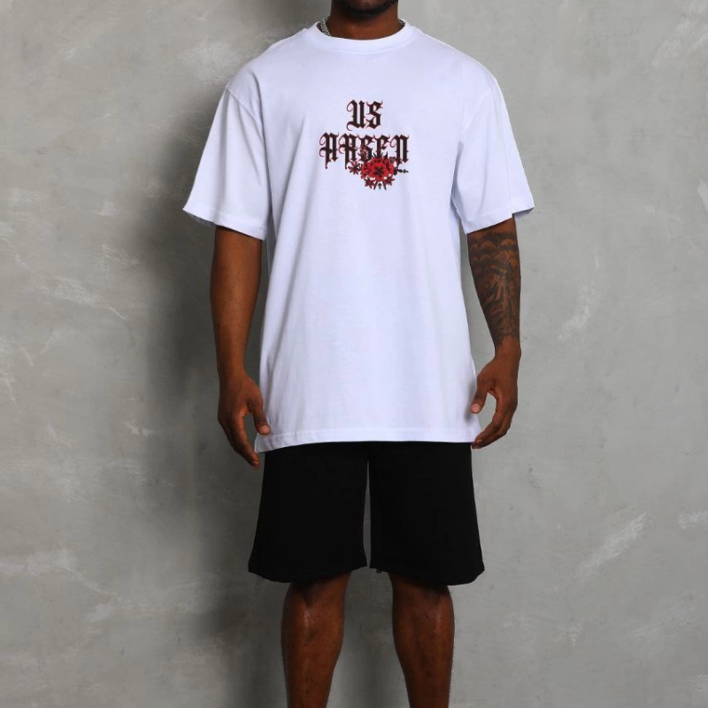 Oversize Baskılı Bisiklet Yaka T-Shirt - Beyaz -