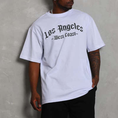 Oversize Baskılı Bisiklet Yaka T-Shirt - Beyaz -