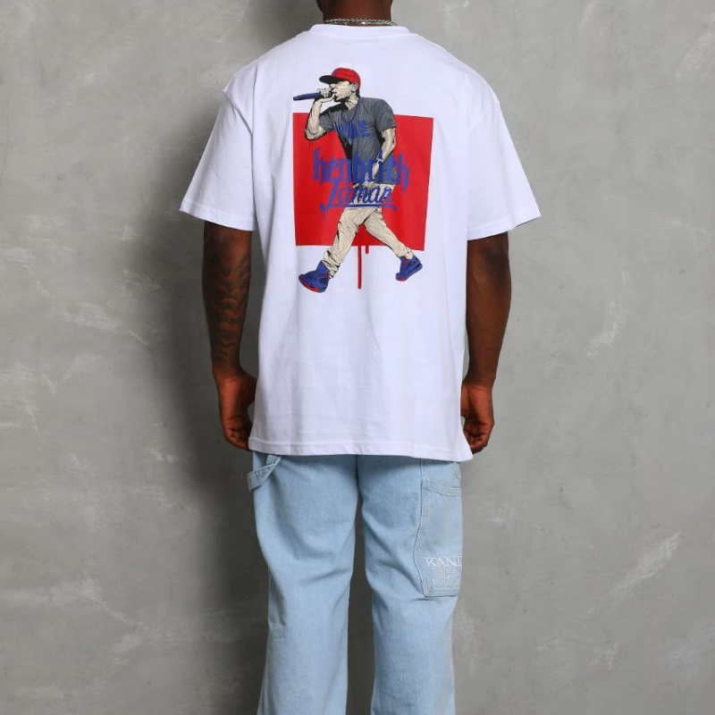 Oversize Baskılı Bisiklet Yaka T-Shirt - Beyaz -