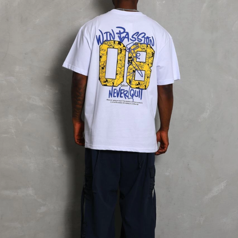 Oversize Baskılı Bisiklet Yaka T-Shirt - Beyaz -