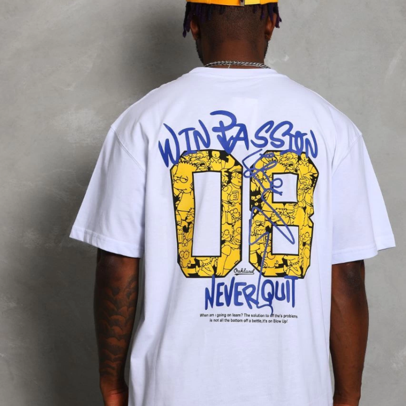 Oversize Baskılı Bisiklet Yaka T-Shirt - Beyaz -