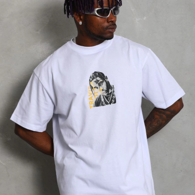 Oversize Baskılı Bisiklet Yaka T-Shirt - Beyaz -