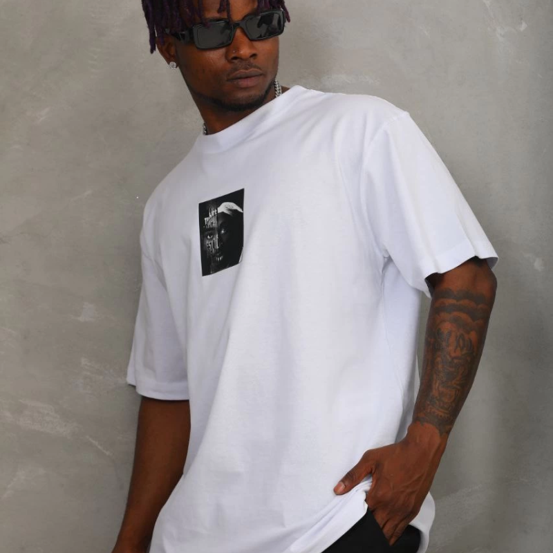 Oversize Baskılı Bisiklet Yaka T-Shirt - Beyaz -