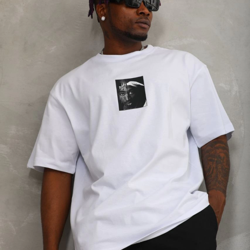 Oversize Baskılı Bisiklet Yaka T-Shirt - Beyaz -