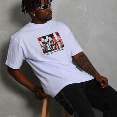 Oversize Baskılı Bisiklet Yaka T-Shirt - Beyaz -