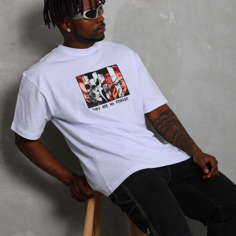 Oversize Baskılı Bisiklet Yaka T-Shirt - Beyaz -