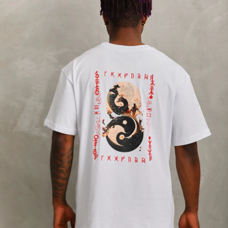 Oversize Baskılı Bisiklet Yaka T-Shirt - Beyaz -