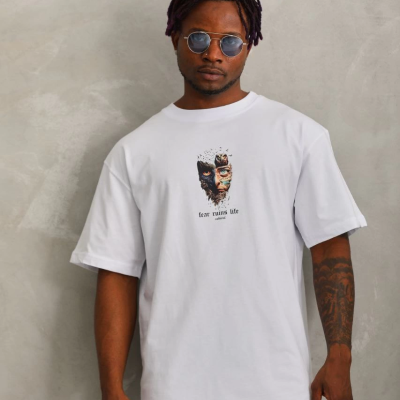 Oversize Baskılı Bisiklet Yaka T-Shirt - Beyaz -