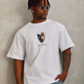 Oversize Baskılı Bisiklet Yaka T-Shirt - Beyaz -