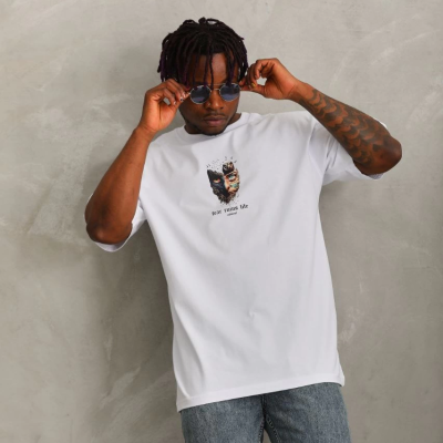 Oversize Baskılı Bisiklet Yaka T-Shirt - Beyaz -