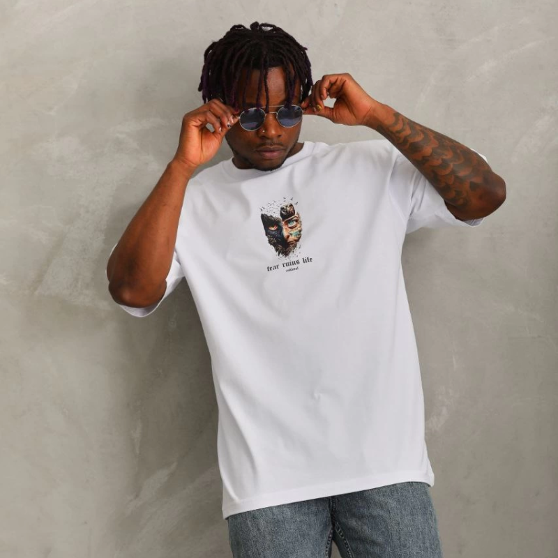 Oversize Baskılı Bisiklet Yaka T-Shirt - Beyaz -