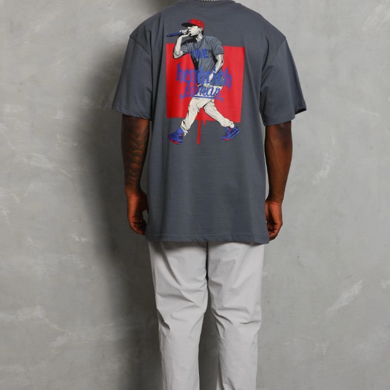 Oversize Baskılı Bisiklet Yaka T-Shirt - Füme -