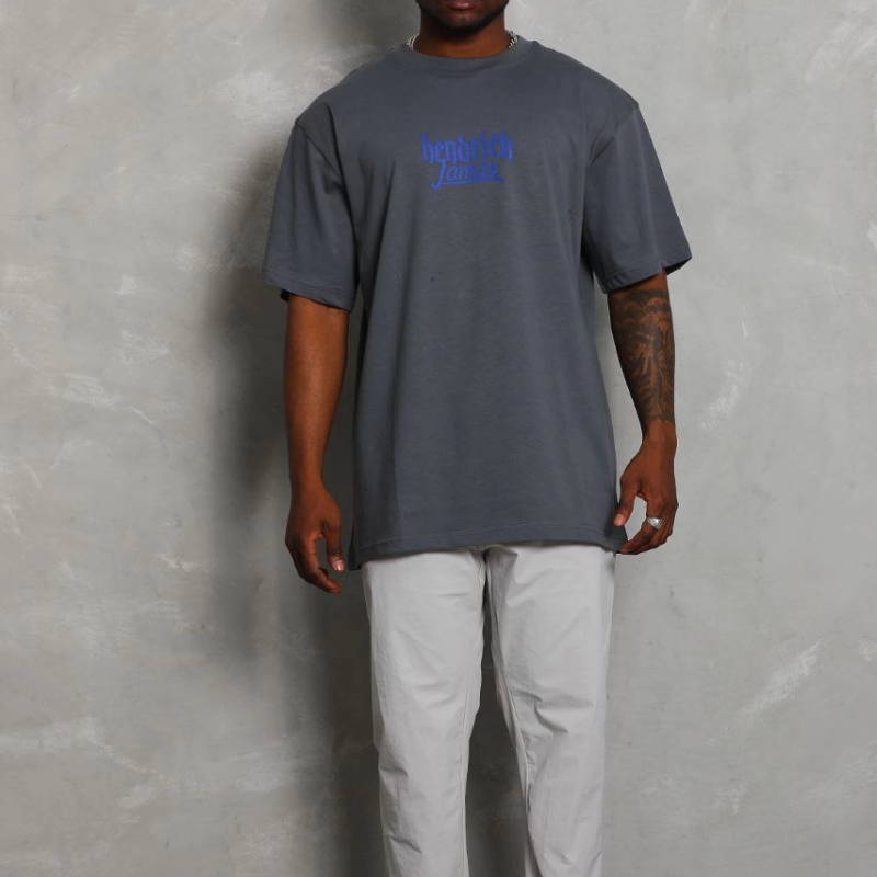 Oversize Baskılı Bisiklet Yaka T-Shirt - Füme -