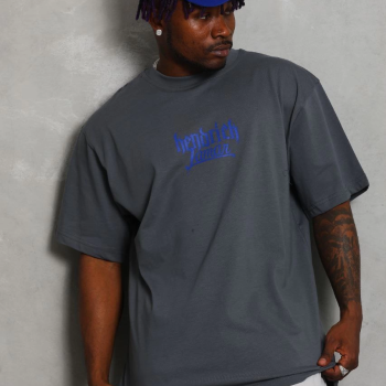 Oversize Baskılı Bisiklet Yaka T-Shirt - Füme -