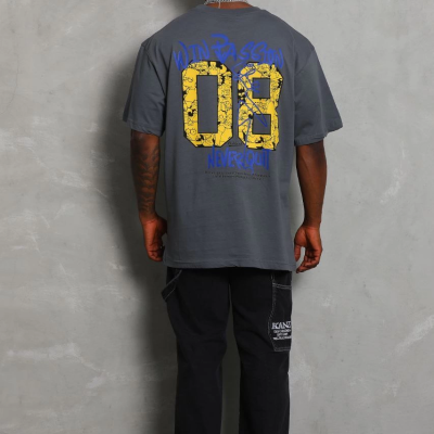 Oversize Baskılı Bisiklet Yaka T-Shirt - Füme -