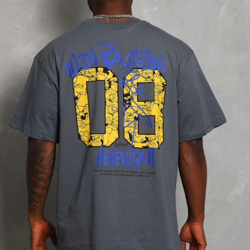 Oversize Baskılı Bisiklet Yaka T-Shirt - Füme -