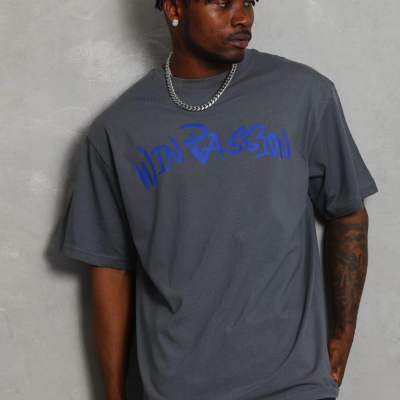 Oversize Baskılı Bisiklet Yaka T-Shirt - Füme -