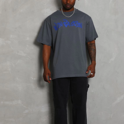 Oversize Baskılı Bisiklet Yaka T-Shirt - Füme -