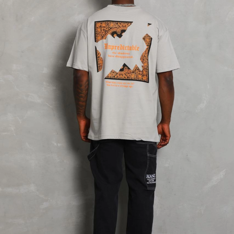 Oversize Baskılı Bisiklet Yaka T-Shirt - Gri -