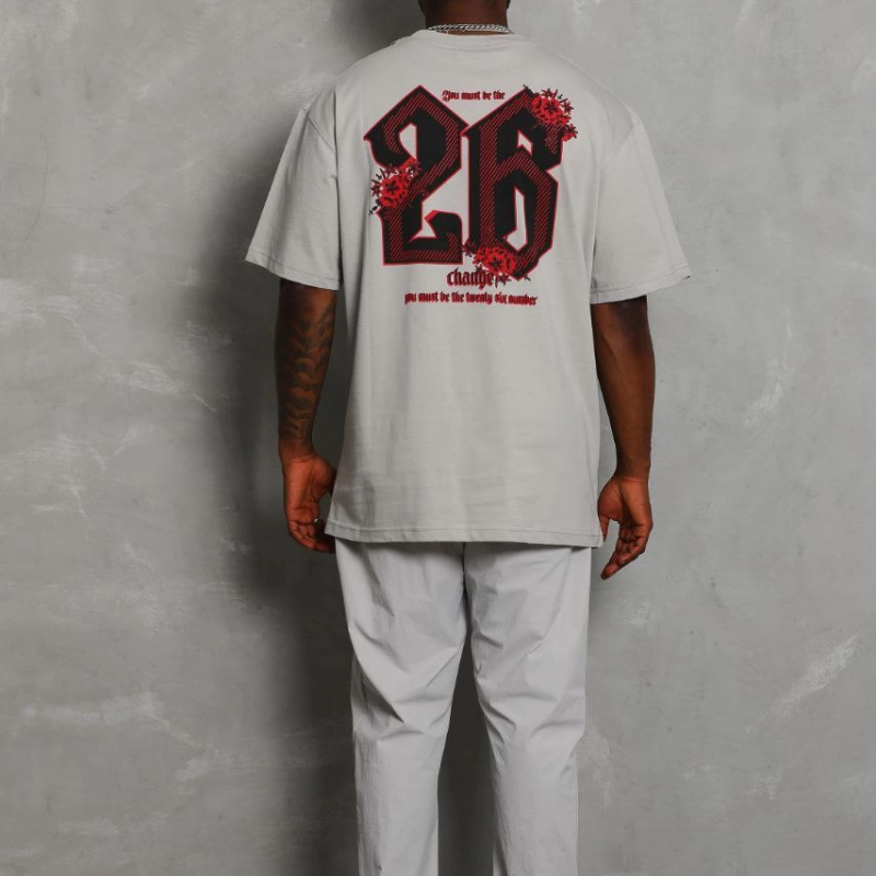 Oversize Baskılı Bisiklet Yaka T-Shirt - Gri -