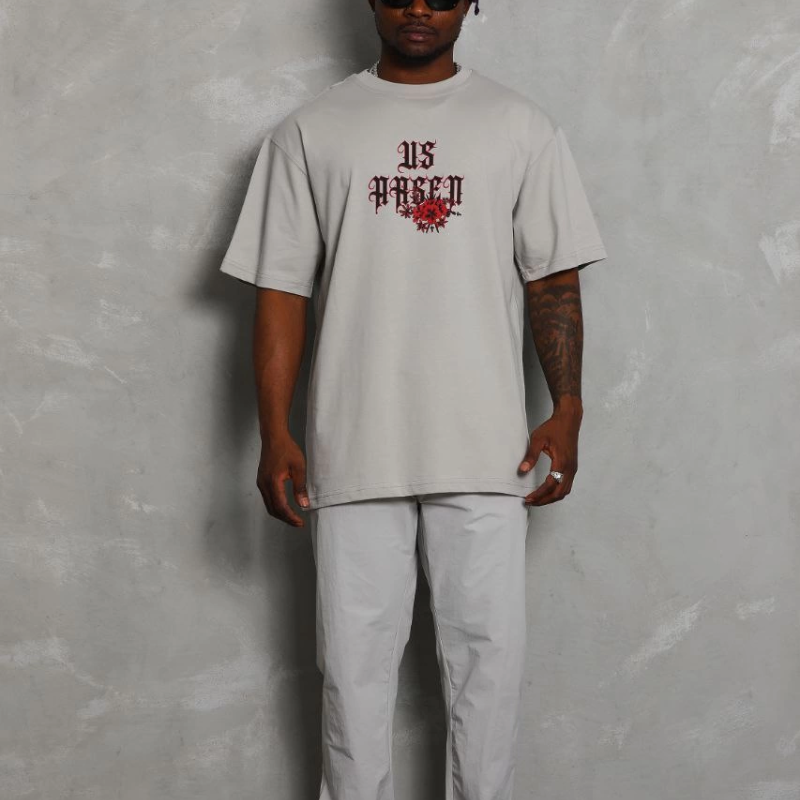 Oversize Baskılı Bisiklet Yaka T-Shirt - Gri -