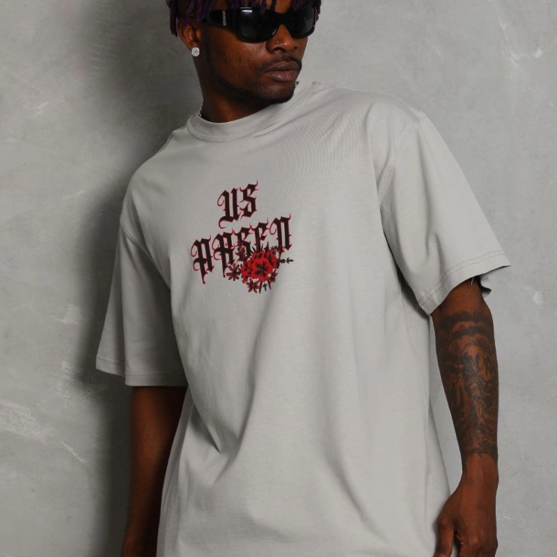 Oversize Baskılı Bisiklet Yaka T-Shirt - Gri -