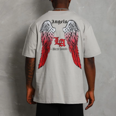 Oversize Baskılı Bisiklet Yaka T-Shirt - Gri -