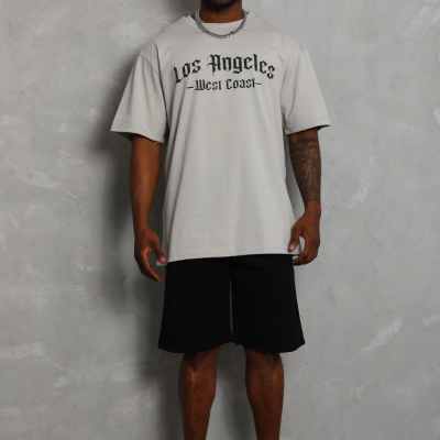 Oversize Baskılı Bisiklet Yaka T-Shirt - Gri -