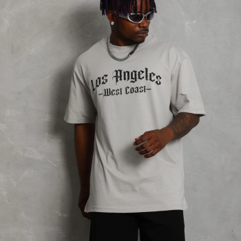 Oversize Baskılı Bisiklet Yaka T-Shirt - Gri -