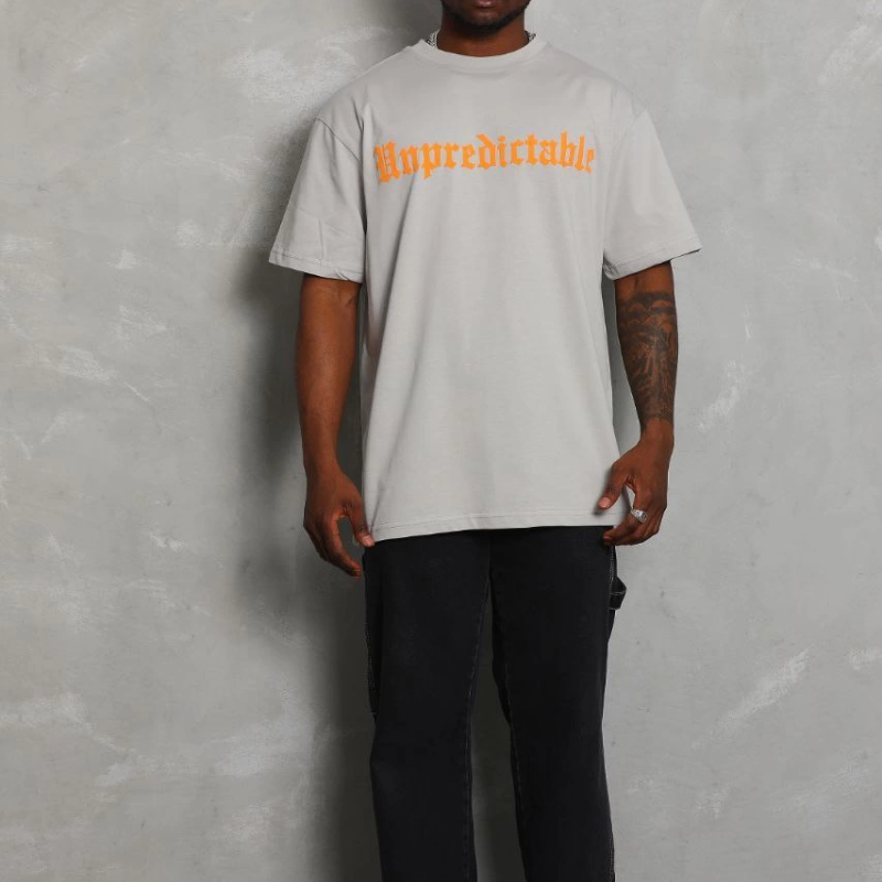 Oversize Baskılı Bisiklet Yaka T-Shirt - Gri -