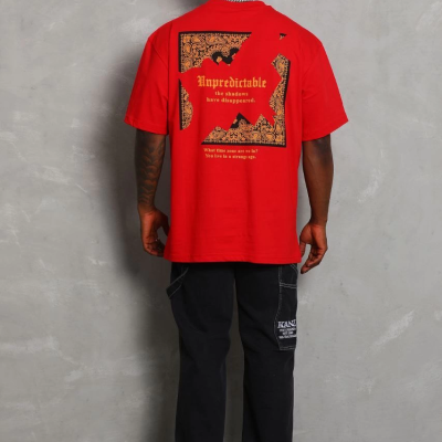 Oversize Baskılı Bisiklet Yaka T-Shirt - Kırmızı -