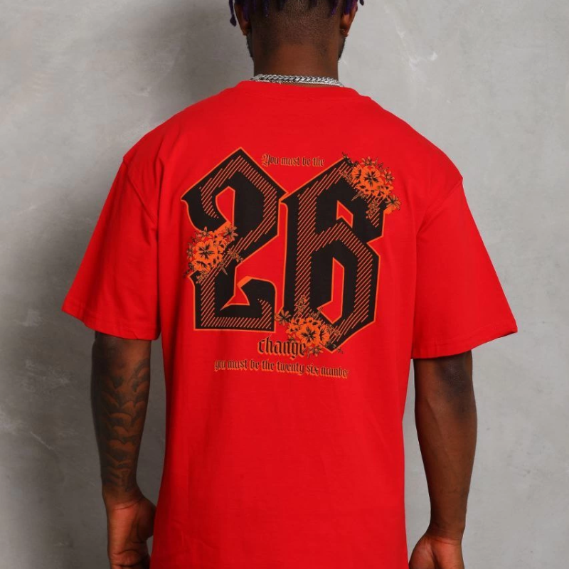 Oversize Baskılı Bisiklet Yaka T-Shirt - Kırmızı -