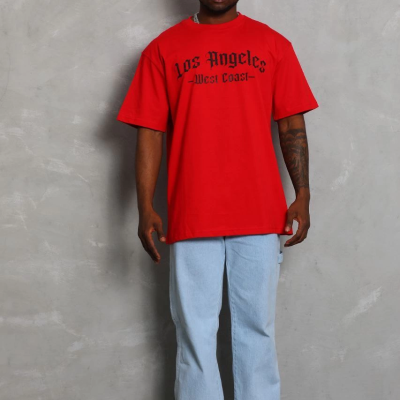 Oversize Baskılı Bisiklet Yaka T-Shirt - Kırmızı -