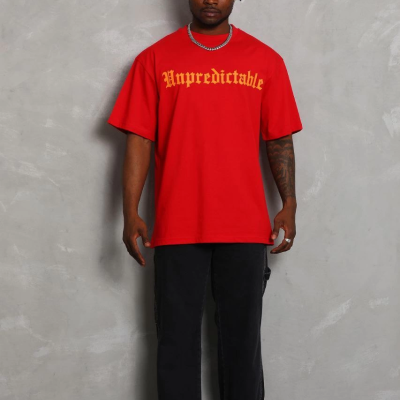 Oversize Baskılı Bisiklet Yaka T-Shirt - Kırmızı -