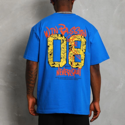 Oversize Baskılı Bisiklet Yaka T-Shirt - Mavi -