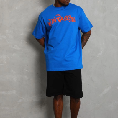 Oversize Baskılı Bisiklet Yaka T-Shirt - Mavi -