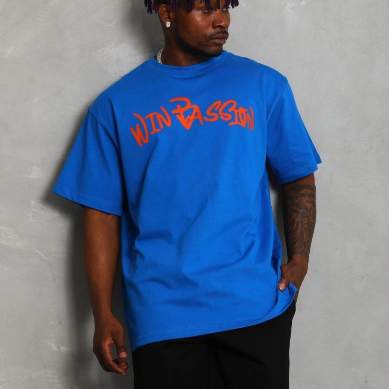 Oversize Baskılı Bisiklet Yaka T-Shirt - Mavi -